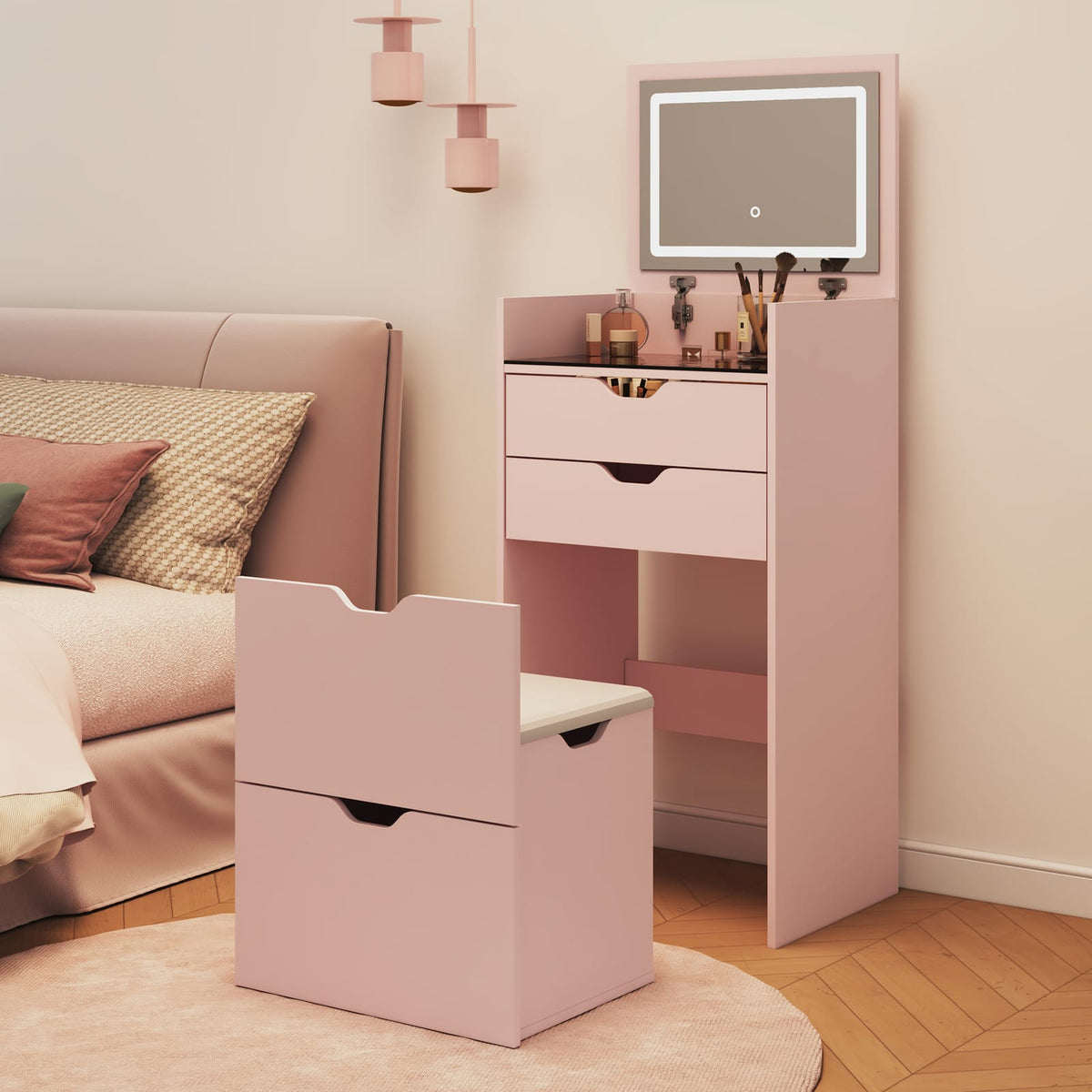 Pink Wood Makeup Vanity with Flip-Up Mirror & Lights