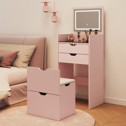 Pink Wood Makeup Vanity with Flip-Up Mirror & Lights