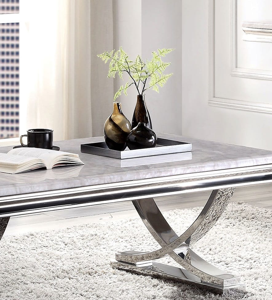 Modern Glam Coffee Table - Chrome, Faux Marble Top