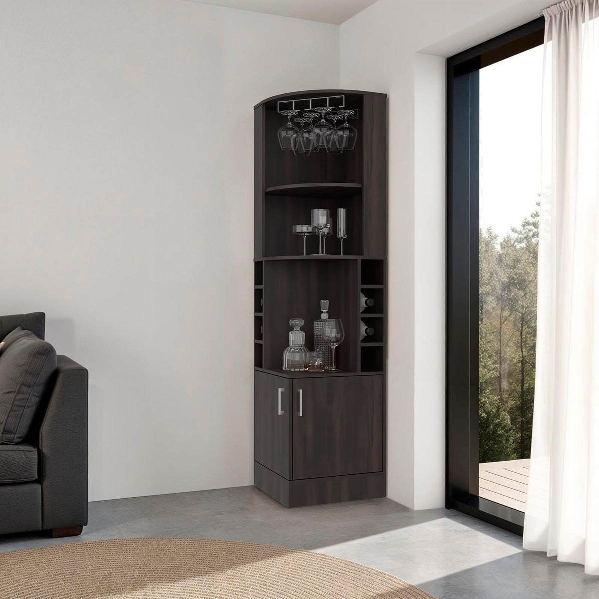 Dark Walnut Corner Wine Rack Cabinet - 71.1" Tall for Dining Room