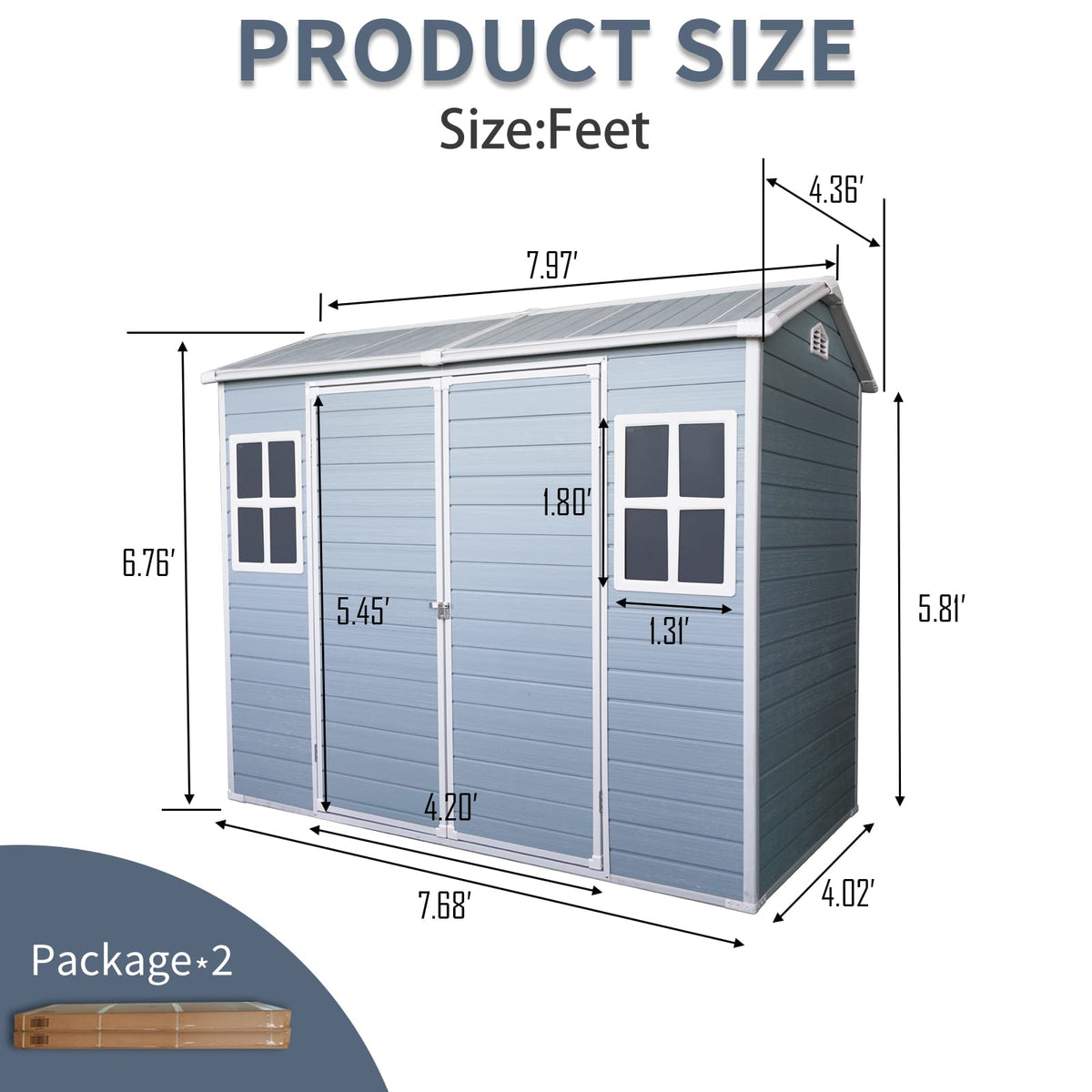 8x6 ft Grey Polypropylene Outdoor Storage Shed with Double Door