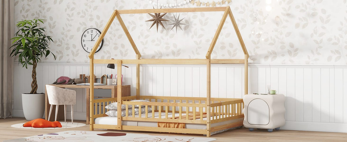 Full Size Rubber Wood House Floor Bed with Roof Frame, Natural for Bedroom