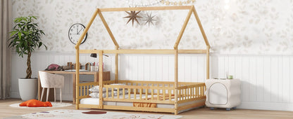 Full Size Rubber Wood House Floor Bed with Roof Frame, Natural for Bedroom