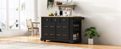 Black MDF Kitchen Island with Drop Leaf Storage and Charging Station