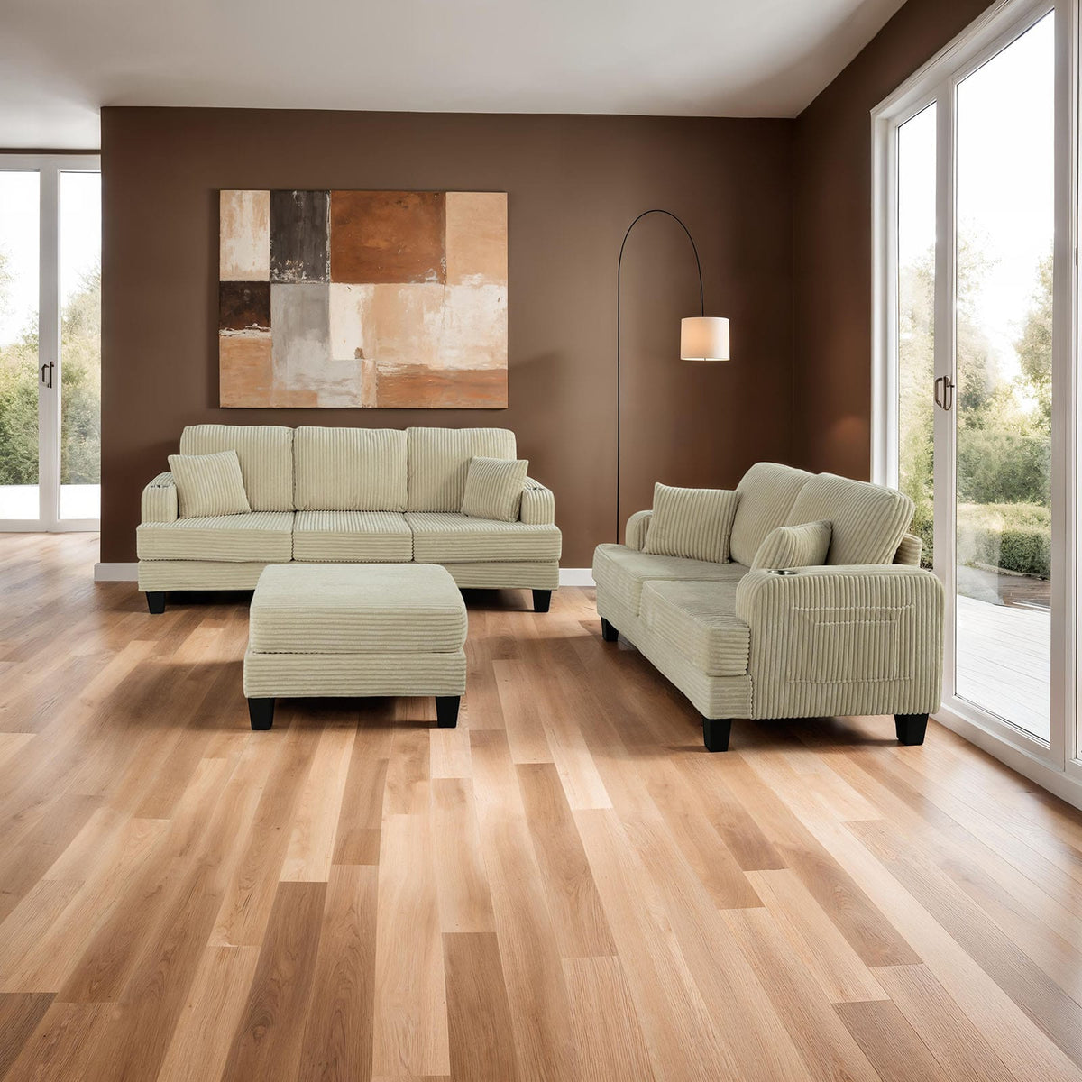 Contemporary Storage Ottoman - Beige Fabric & Wood Legs