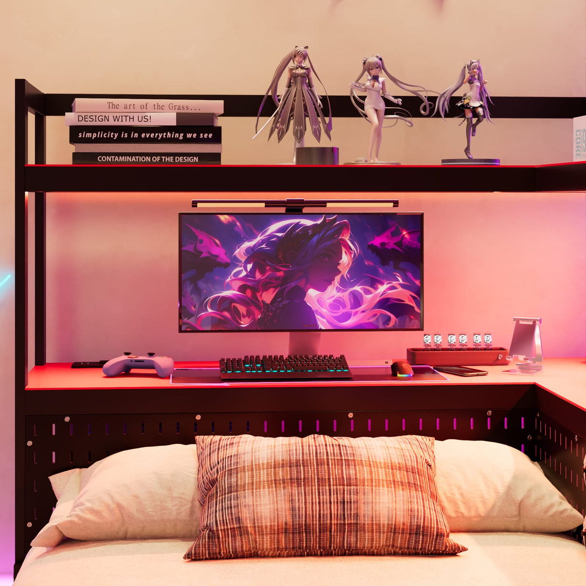 Twin Size Gaming Daybed Black+Red MDF Frame with LED Lights