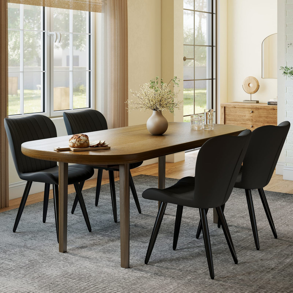 Black PU Leather Dining Chairs - 4 Modern Chairs with Metal Legs