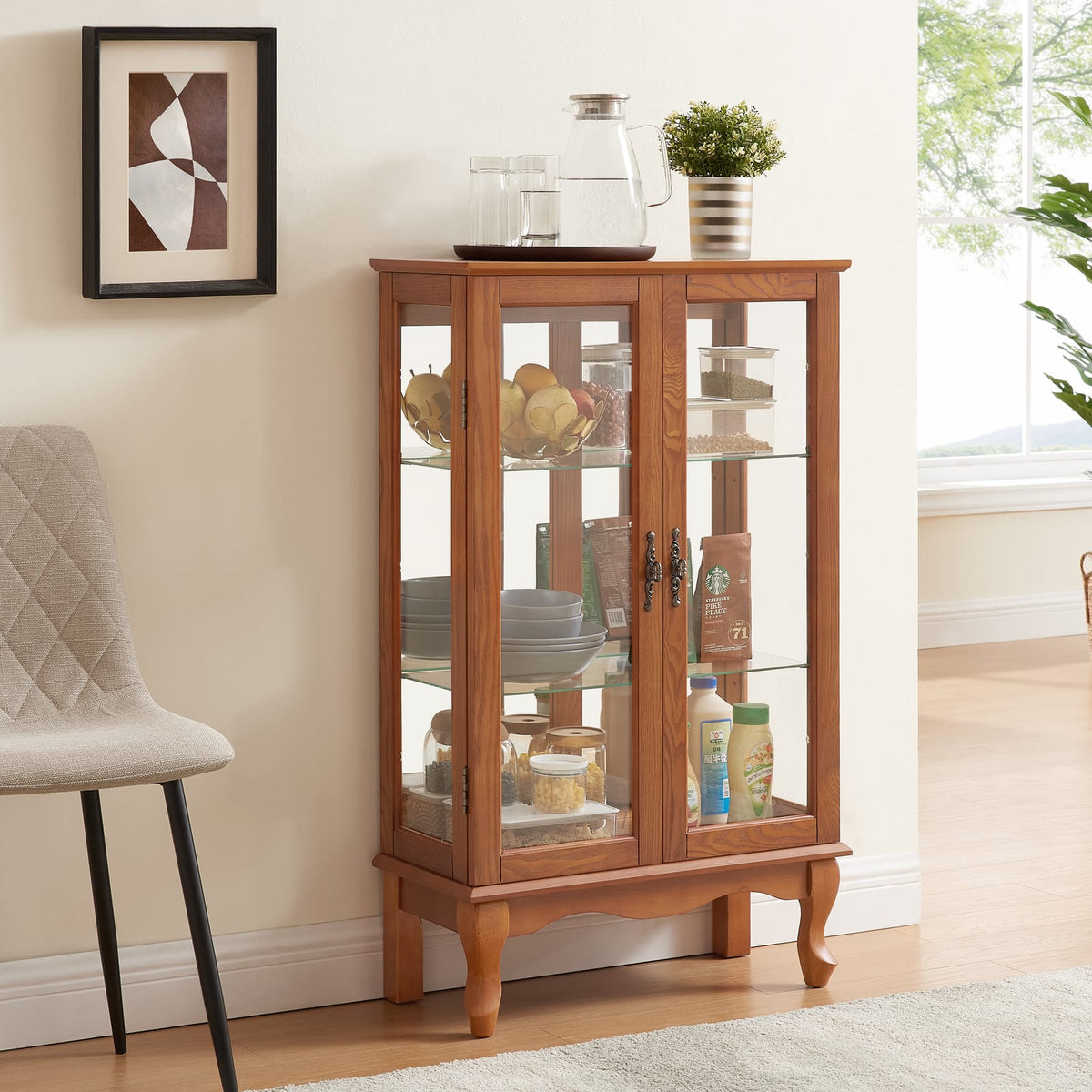 2 Door Curio Cabinet - Oak MDF Glass Display Case