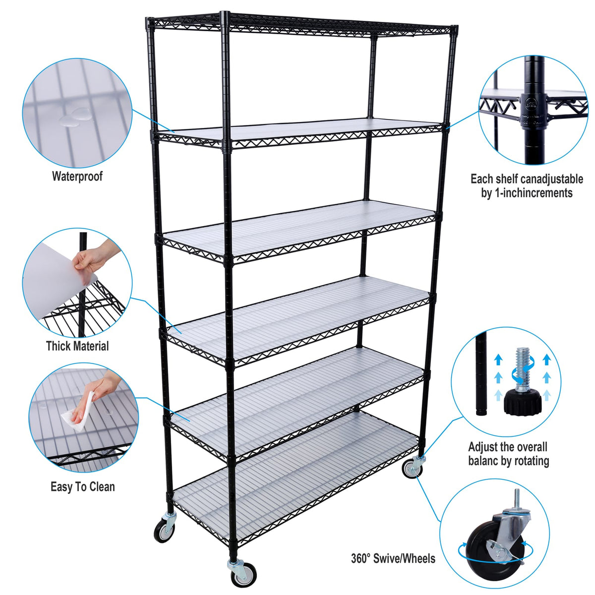 6-Tier Metal Shelving Unit - Black - 18"D x 48"L x 82"H