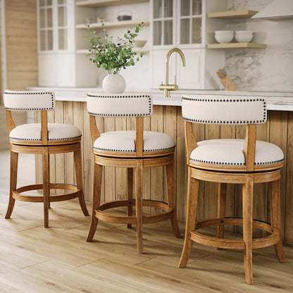 Pecan Wood Fabric Stool for Guest Room Decor, Curved Seat Bench for Bedroom