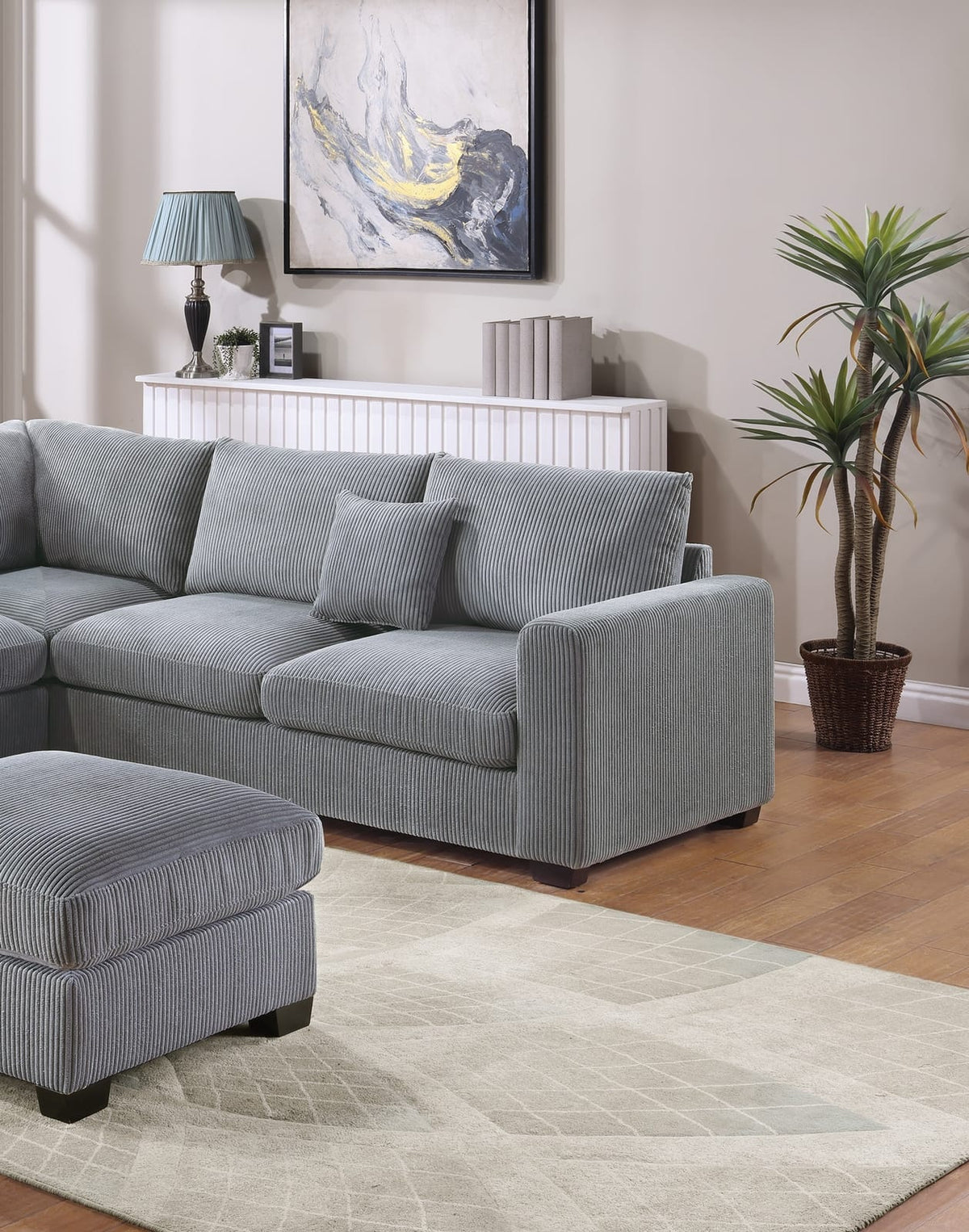 L-Shaped Corduroy Sofa - Fog Color, 5 Seats for Living Room