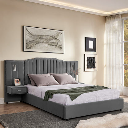 Queen Size Upholstered Bed Frame - Gray Velvet, Vertical Stripe Design