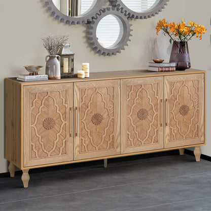 Large Carved Flower Door Cabinet - Natural Wood Storage