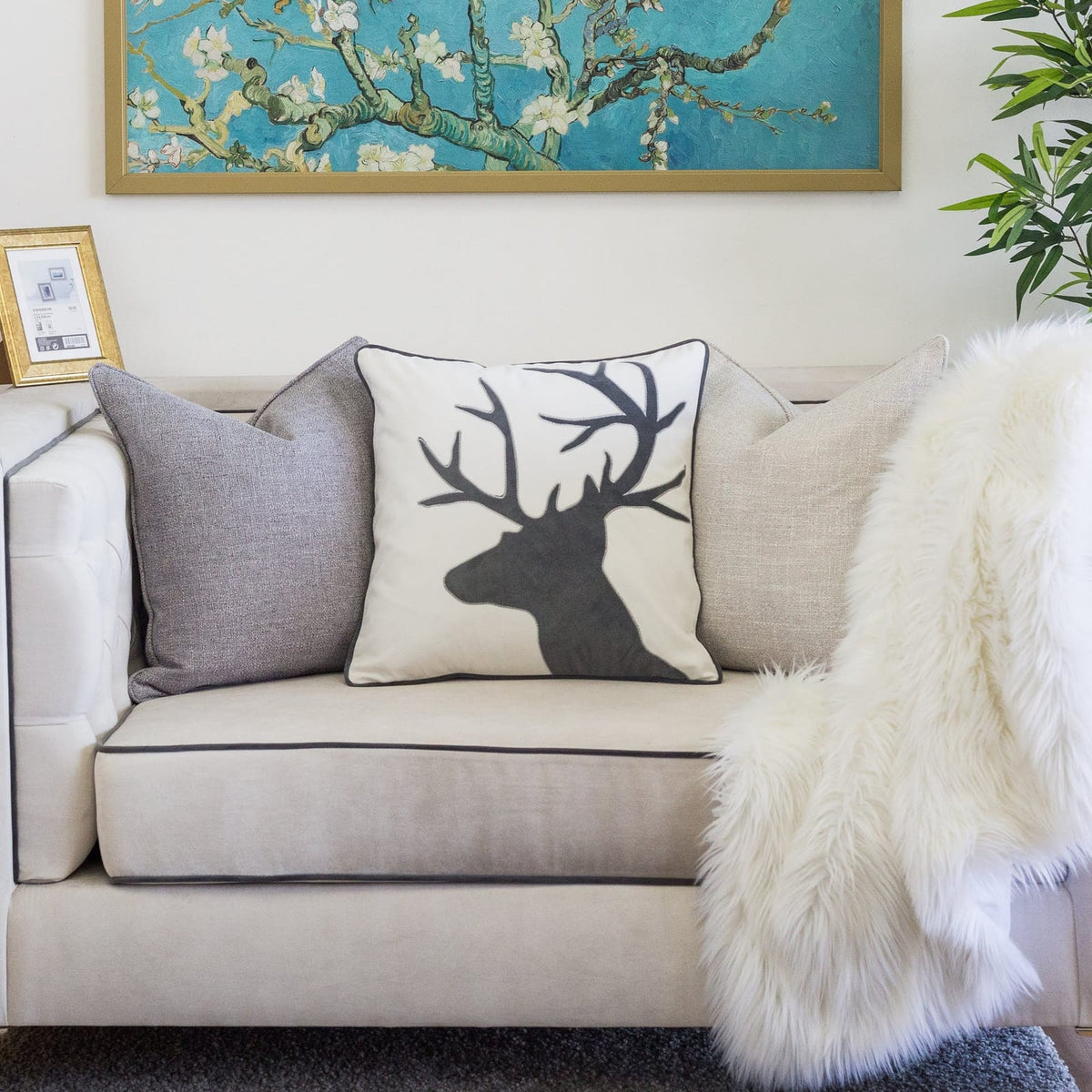Holiday Reindeer Velvet Accent Pillow - White & Gray (20x20)