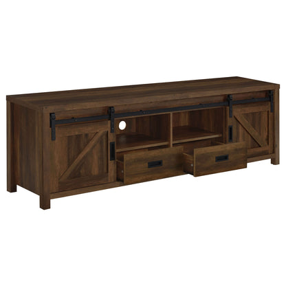 70-79 Inch Brown Wood Metal TV Stand with 2 Doors