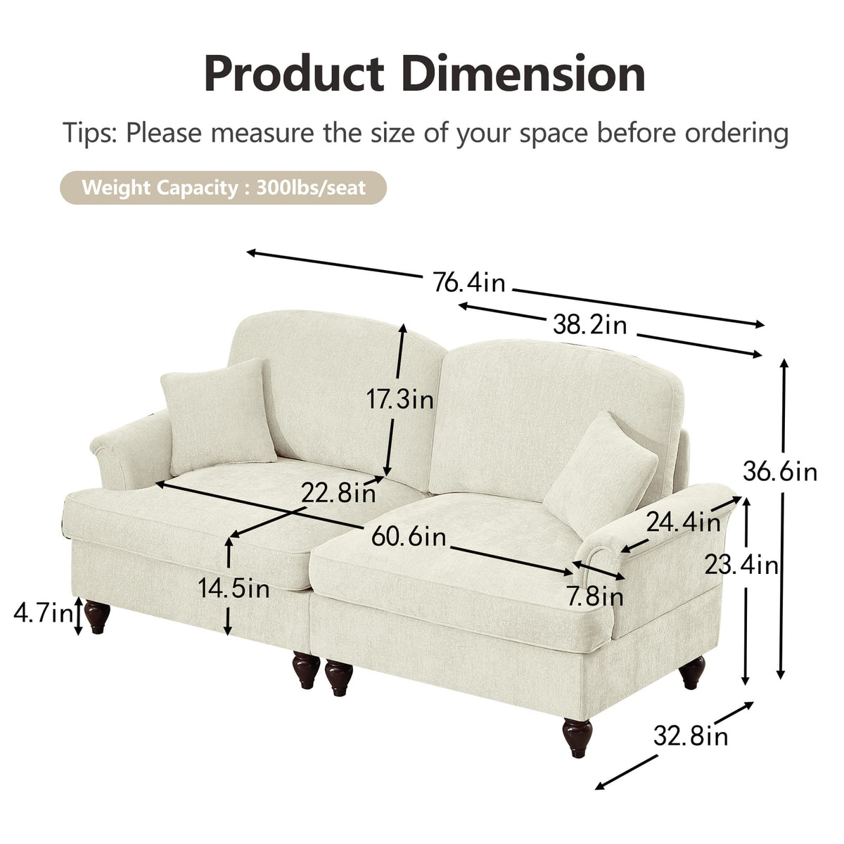 Two Seat Beige White Chenille Sofa Couch with Ruffles for Living Room