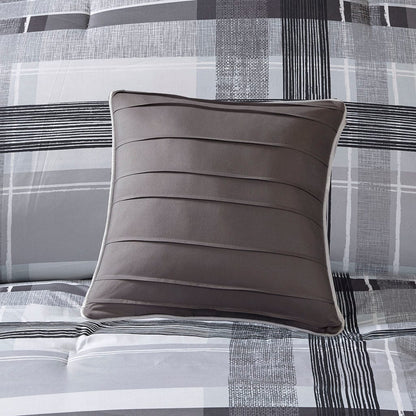 Full/Queen Plaid Comforter Set - Black & Grey