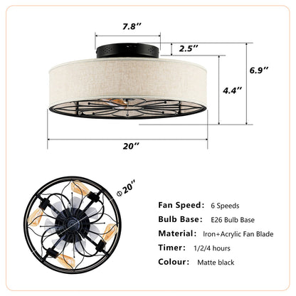 20" Lotus Design Fabric Farmhouse Ceiling Fan with Remote Control
