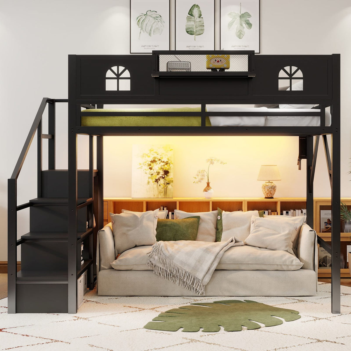 Full Size Metal Loft Bed with Stairs & Storage for Bedroom