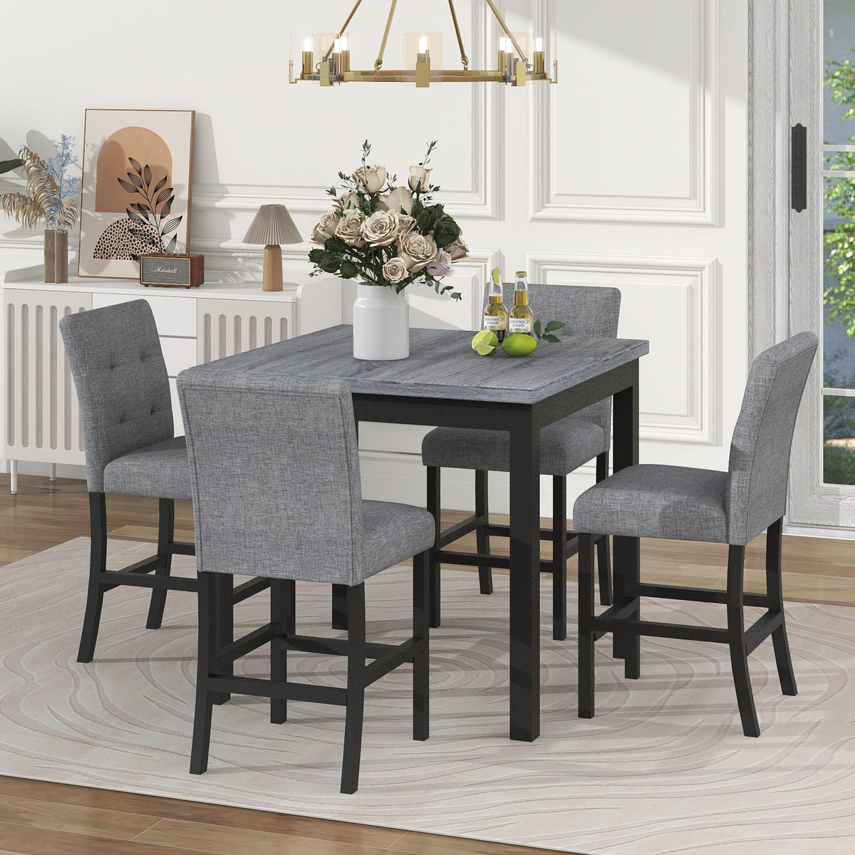 Gray Square Dining Table with 4 Upholstered Chairs for Dining Room