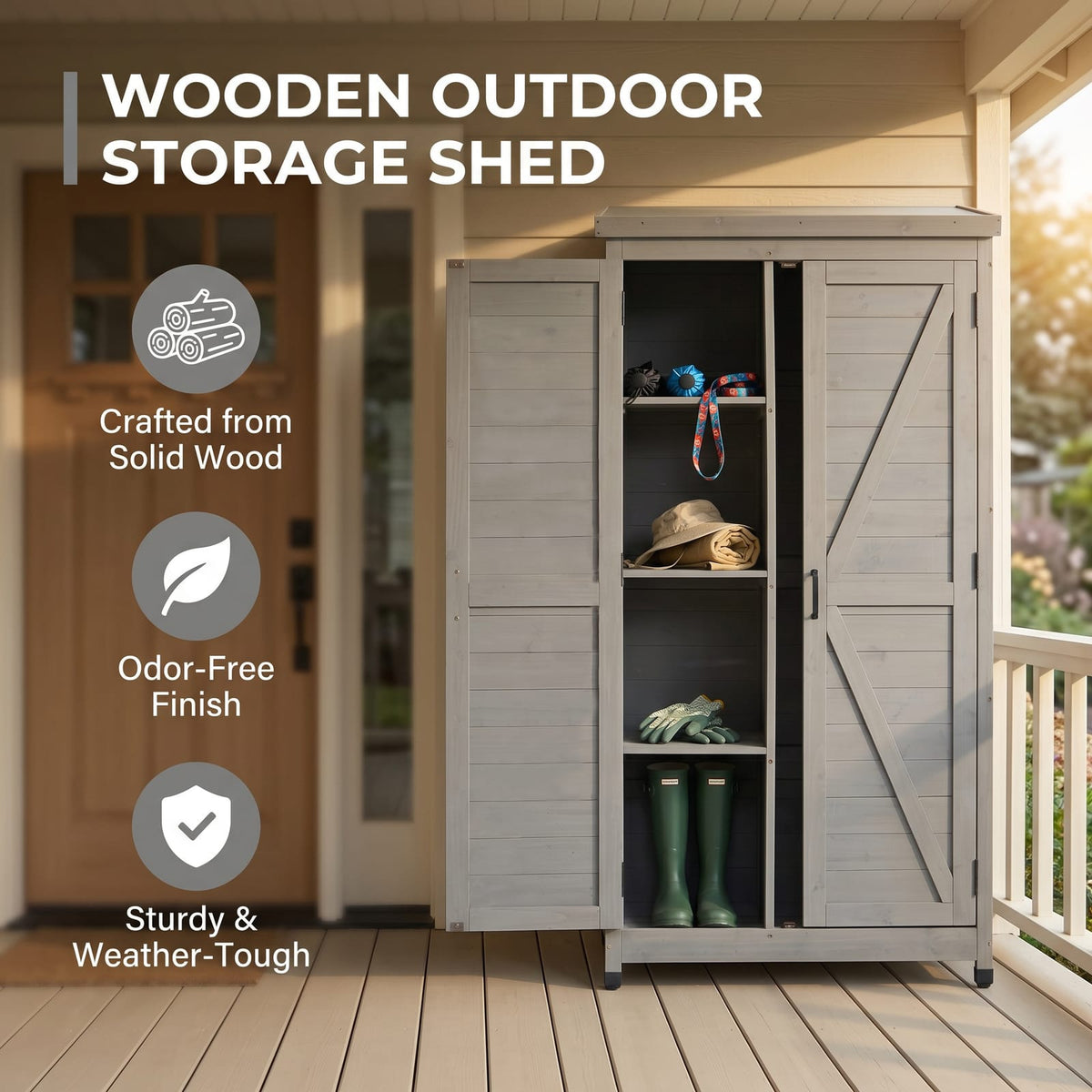 Grey Solid Wood Outdoor Storage Cabinet for Garden Patio Organization