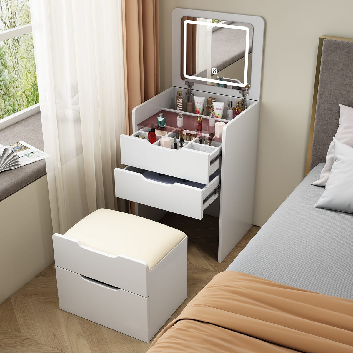 Modern White MDF+Glass Vanity Desk with Mirror and Storage for Bedroom