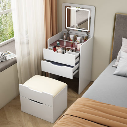 Modern White MDF+Glass Vanity Desk with Mirror and Storage for Bedroom