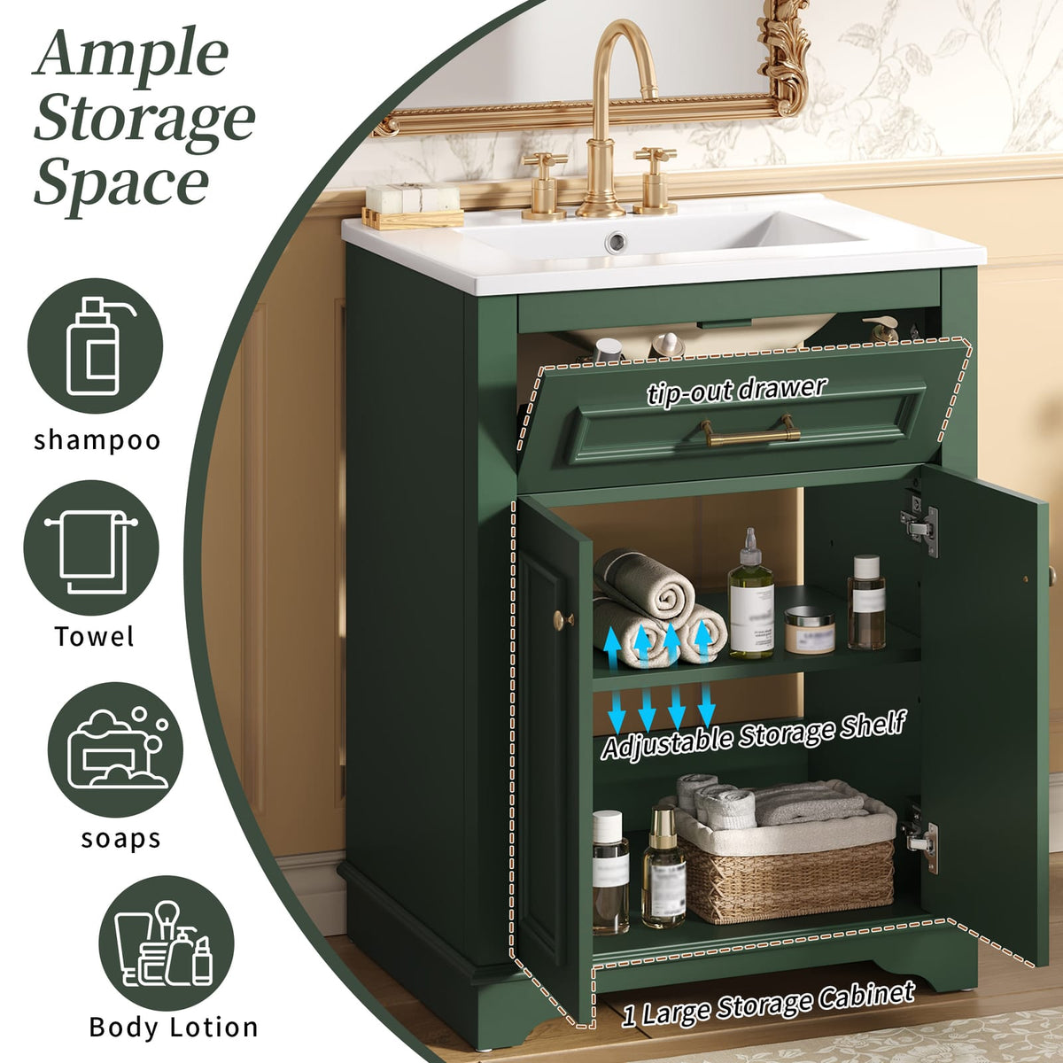 Green MDF Bathroom Vanity with Ceramic Sink and Storage