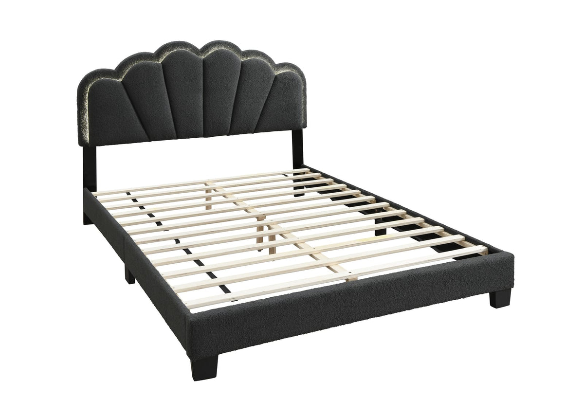 Queen Size Bed Frame - Charcoal Wool Floral Headboard Box Spring Not Required