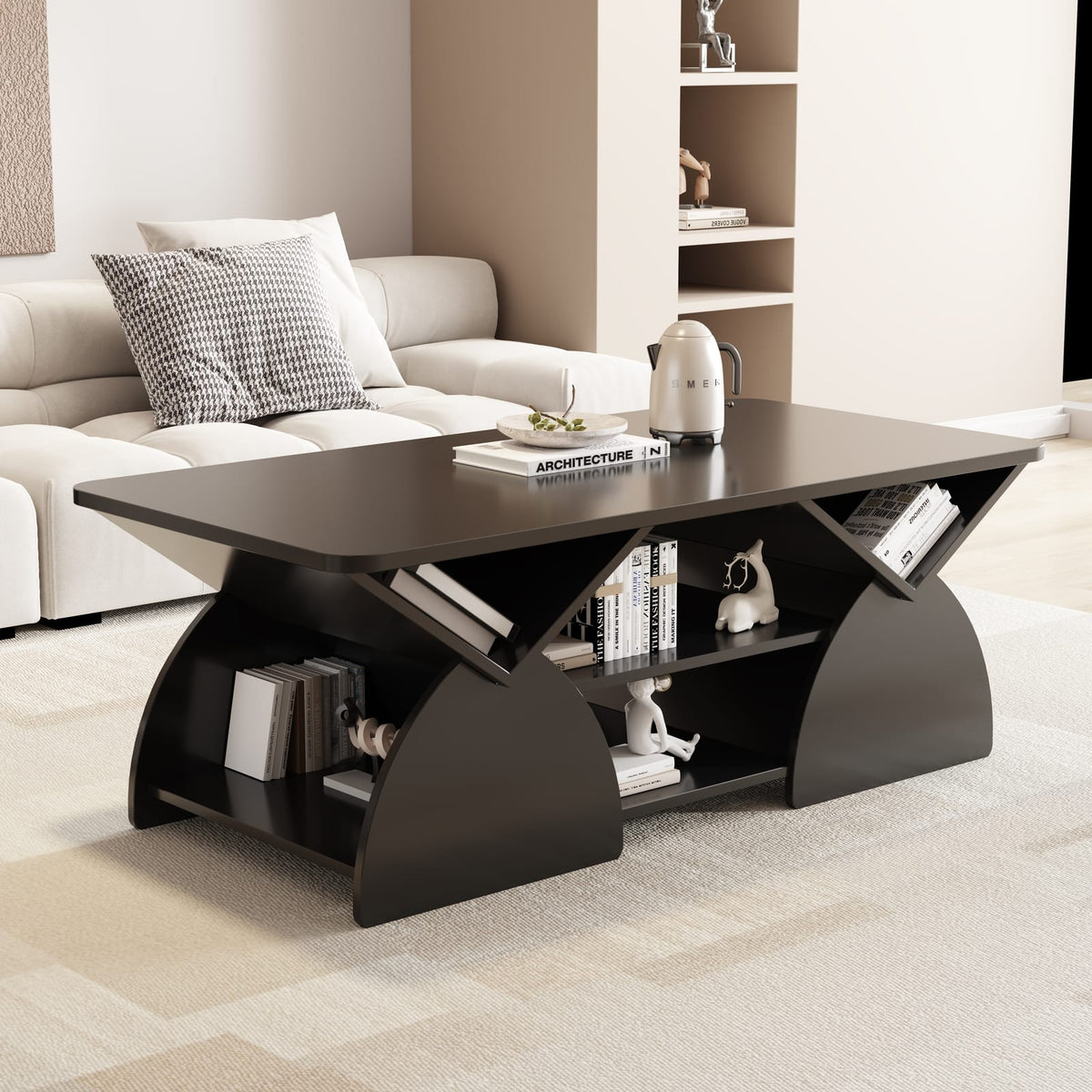 Black Engineered Hardwood Coffee Table - Storage Table for Living Room