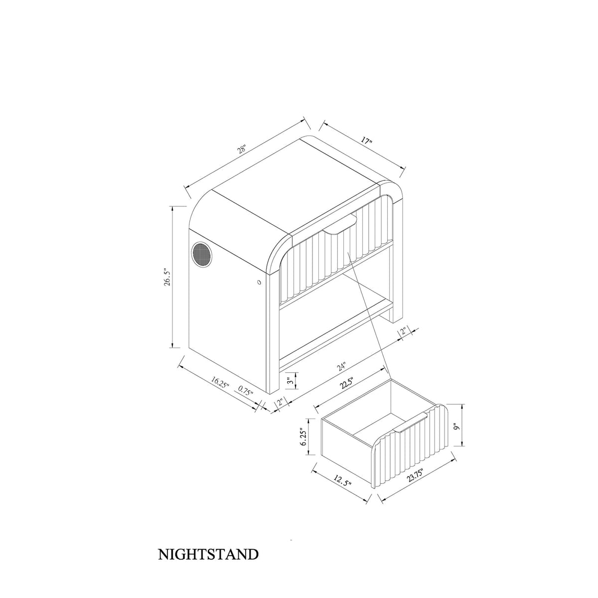 Black and White Drawer Nightstand - 28" Wide for Bedroom