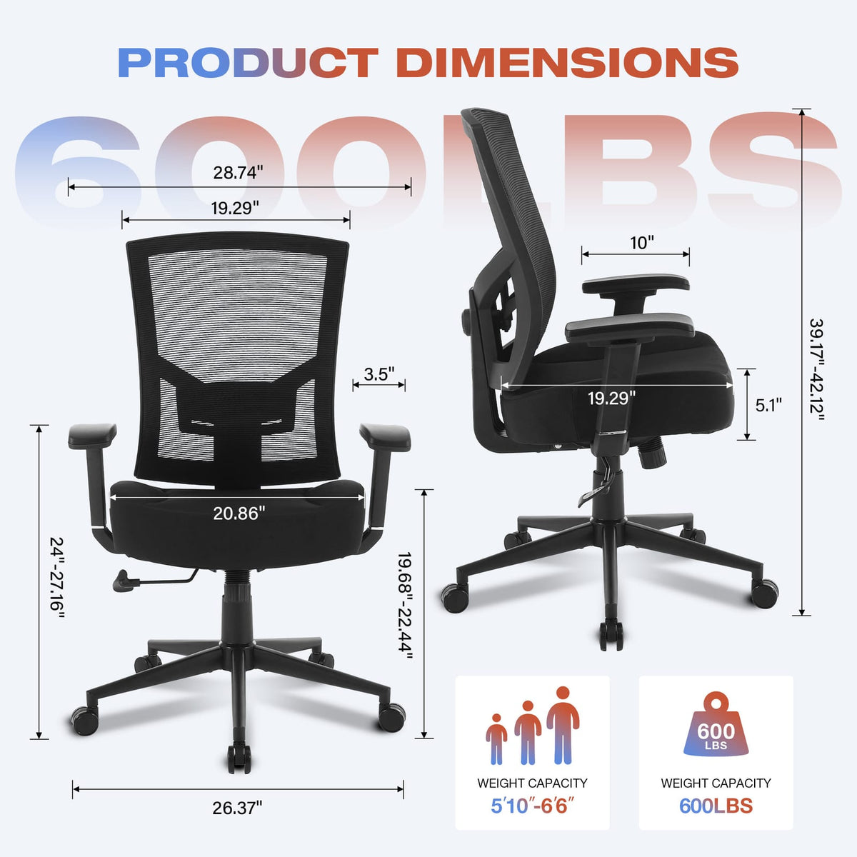 Big & Tall Mesh Office Chair - 600lbs Capacity, Lumbar Support