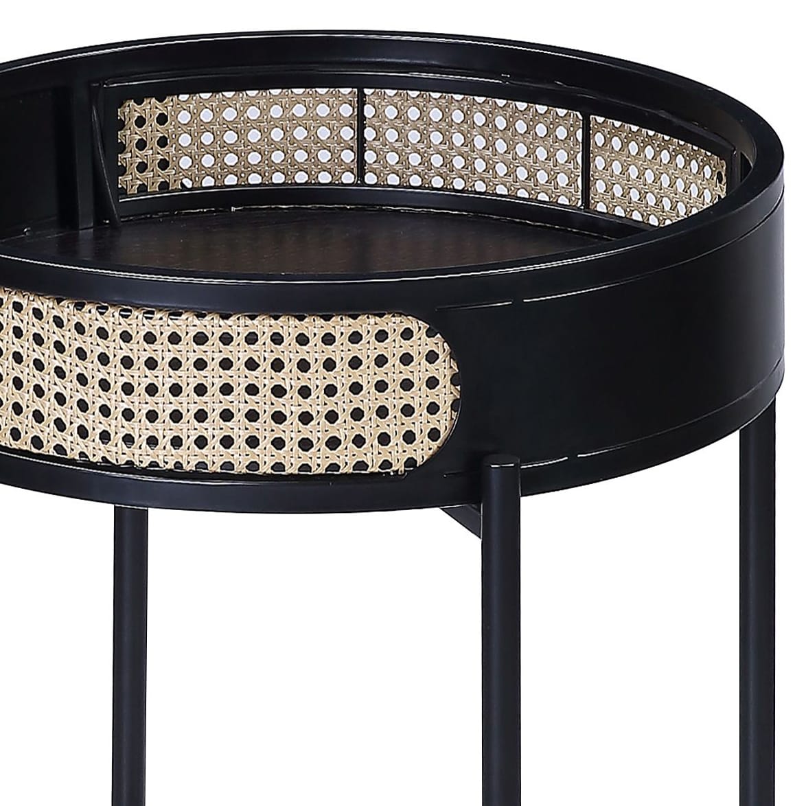 Round Black Wood Metal Nightstand Table