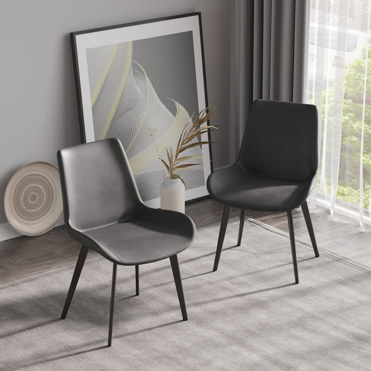 Black Gray Dining Chair Ergonomic PU Seat 2pcs