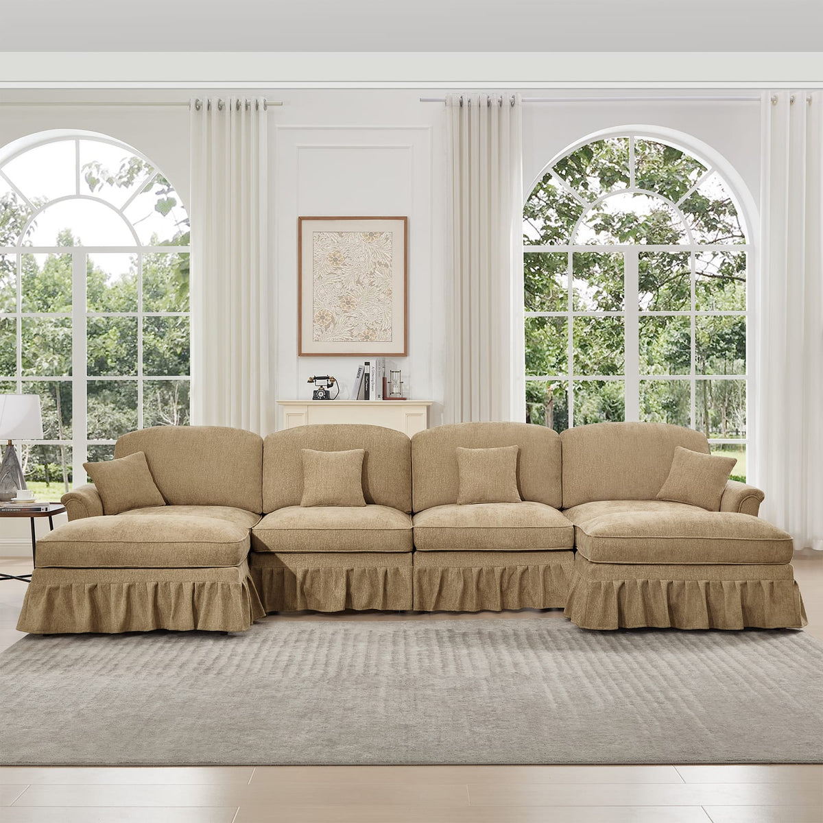 Light Coffee Chenille 4 Seat Sectional Sofa Couch for Living Room