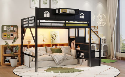 Full Size Metal Loft Bed with Stairs & Storage for Bedroom