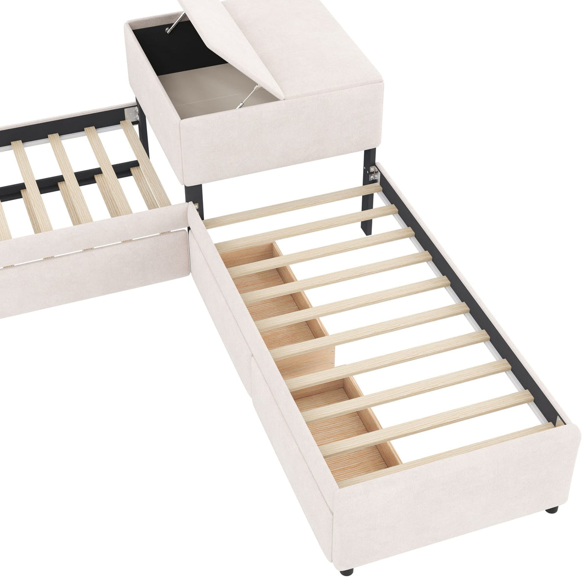 L-Shaped Platform Bed with Trundle - Twin Beige for Bedroom