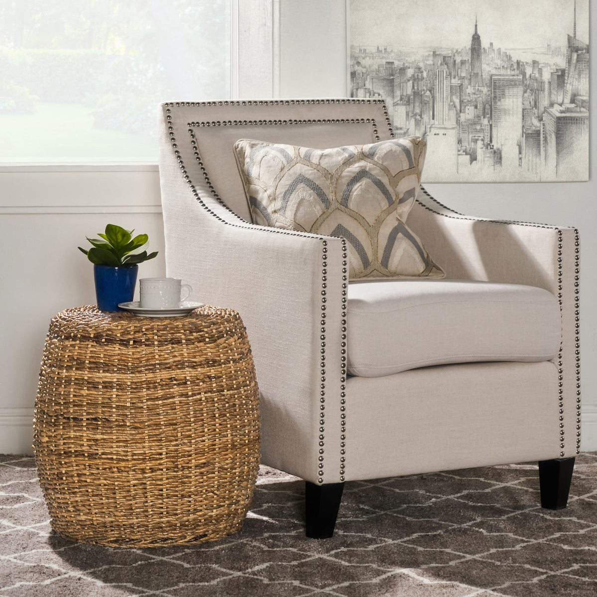 Round Rattan End Table - 19 Inch Diameter for Living Room