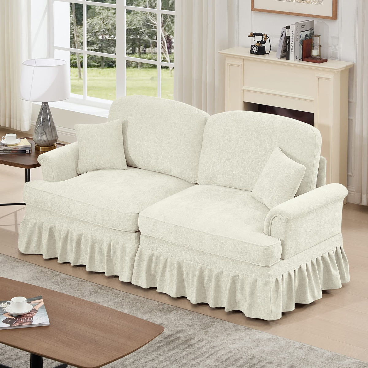 Two Seat Beige White Chenille Sofa Couch with Ruffles for Living Room