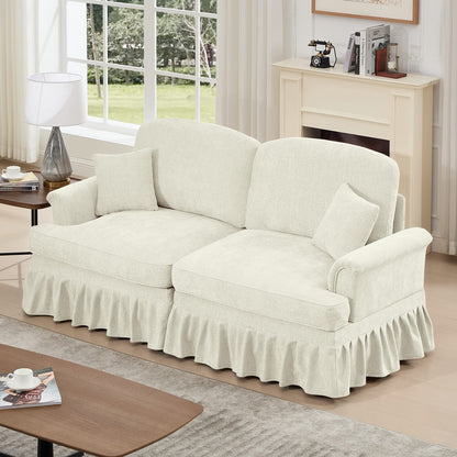 Two Seat Beige White Chenille Sofa Couch with Ruffles for Living Room