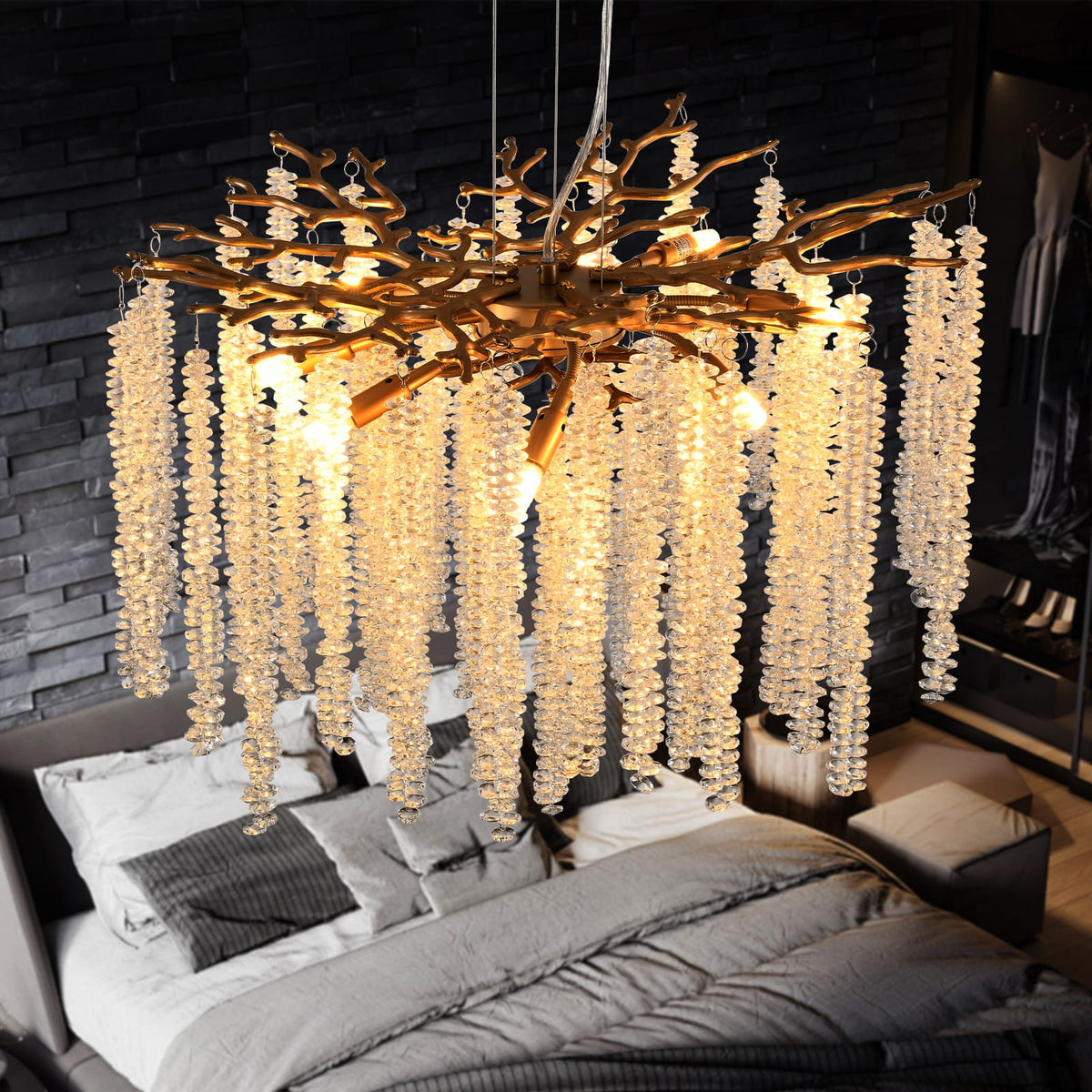 24-inch Modern Golden Pendant Light - Cascading Crystal Strands, Living Room Lighting