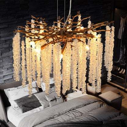 24-inch Modern Golden Pendant Light - Cascading Crystal Strands, Living Room Lighting