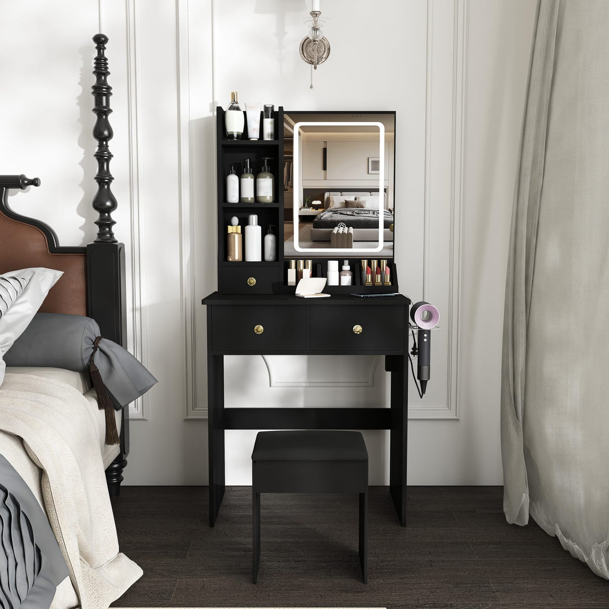 Black 3 Drawer Makeup Vanity with Chair - Bedroom Storage