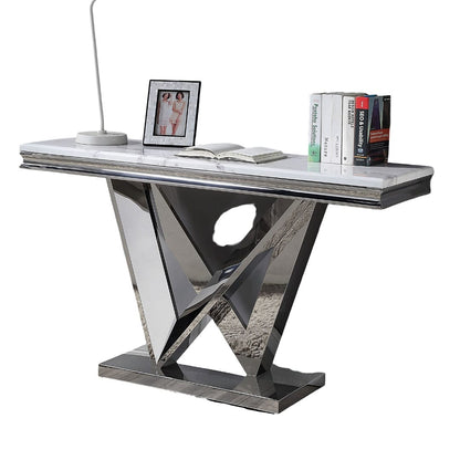 Glam Stainless Steel Table - Chrome Finish, Faux Marble Top