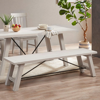 Reclaimed White Wood Dining Bench with Metal Stretchers for Kitchen