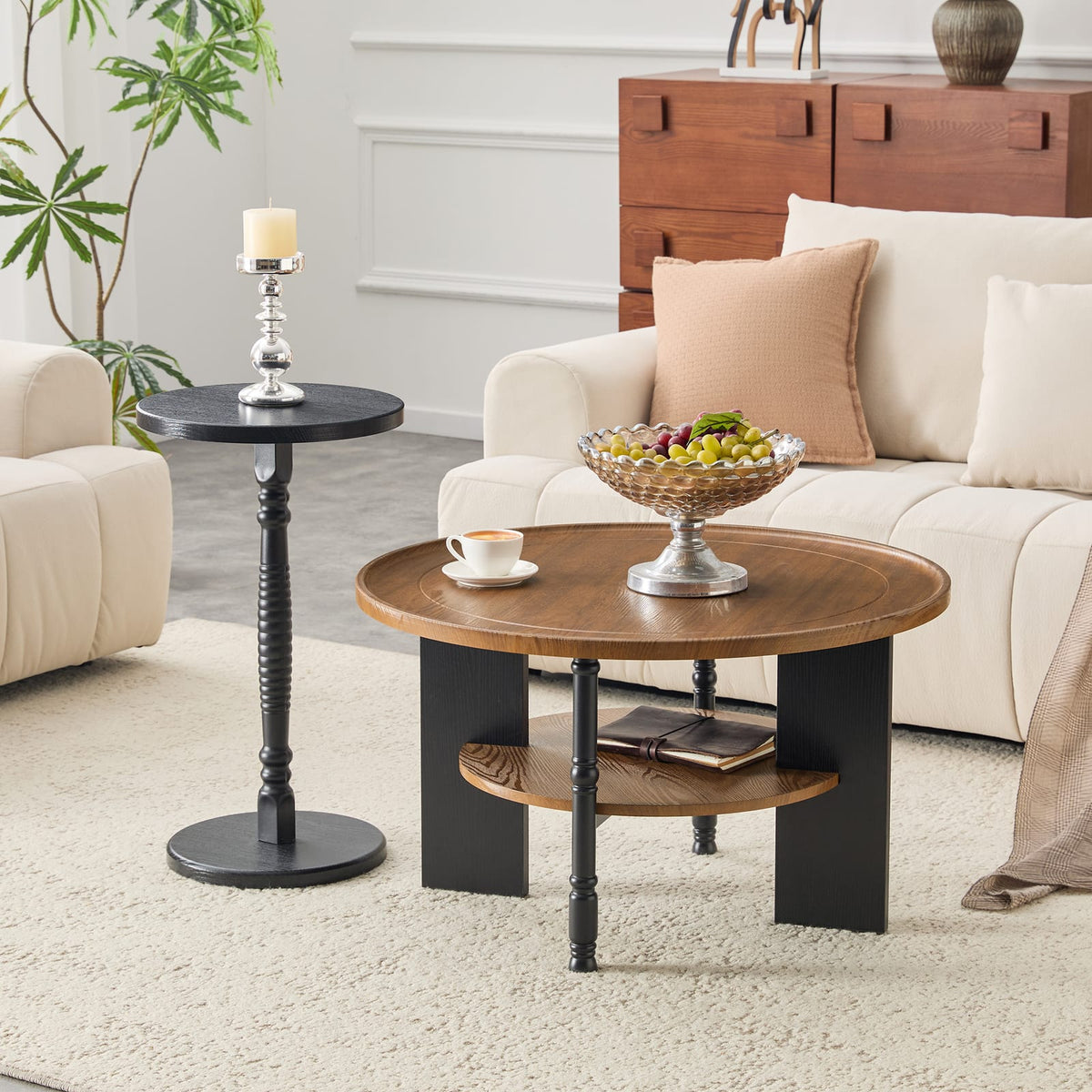 Round Coffee Table Set - Walnut & Black MDF Table with Storage for Living Room