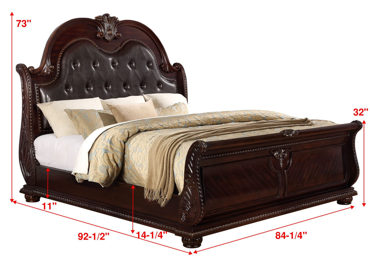 King Size Antique Brown Faux Leather Sleigh Bed for Bedroom