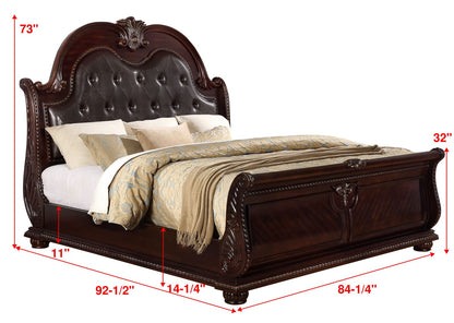 King Size Antique Brown Faux Leather Sleigh Bed for Bedroom