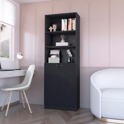 Black Engineered Wood 2-Door Bookcase Storage Cabinet