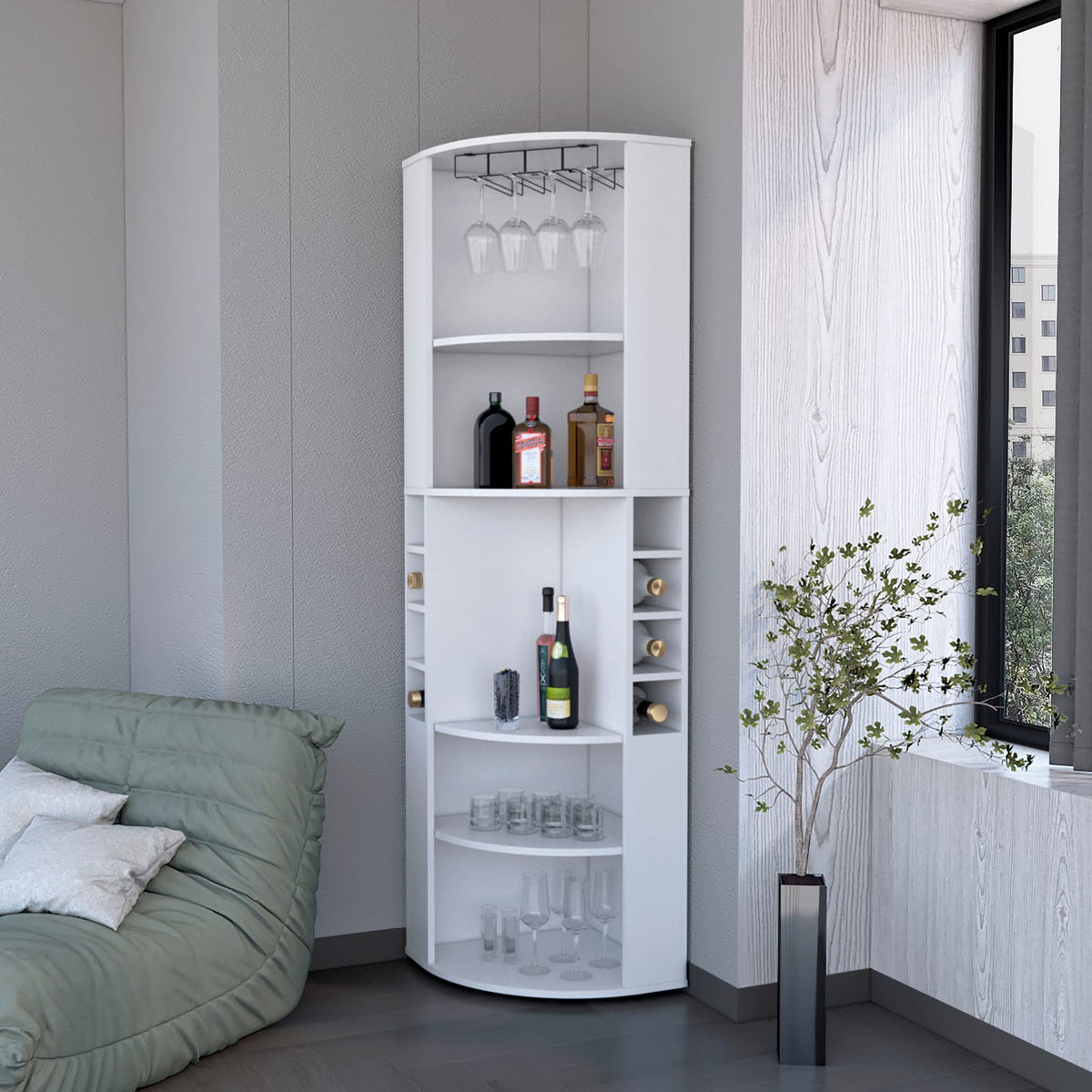 Corner Bar Cabinet with 5 Shelves & Wine Rack - White for Living Room